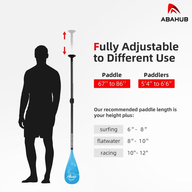 Abahub مجاذيف أباهوب كربون SUP، 1 × 3 أقسام قابلة للتعديل 67" - 86" عمود من ألياف الكربون، مجاذيف خفيفة الوزن للوقوف على اللوح، شفرة بلاستيكية بتصميم أزرق + حقيبة مجذاف - Image 4